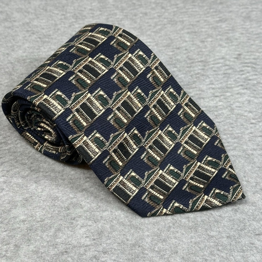 Vintage Structure Le Collezioni Silk Tie Navy‎ Italian Architectural Print USA